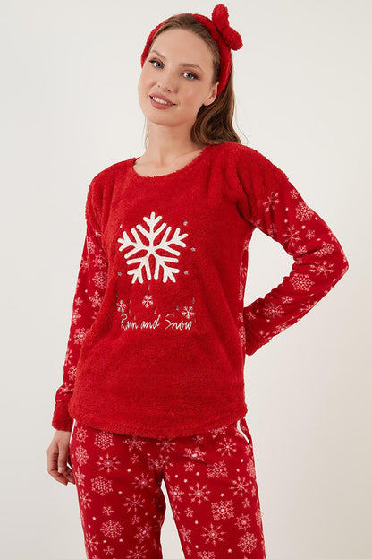 Snowflake Patterned Plush Pajama Set with Elastic Waistband and Hair Band 609412013