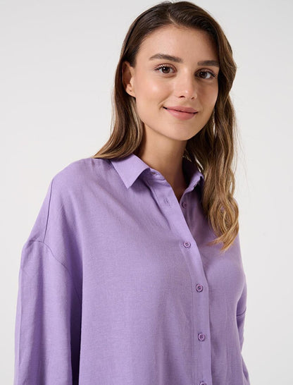 Lilac Loose Cut Three Quarter Sleeve Linen Shirt