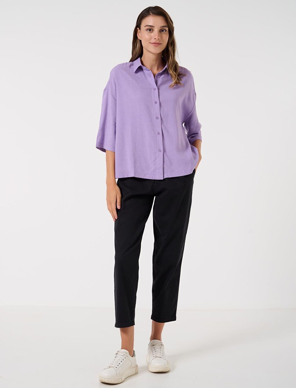 Lilac Loose Cut Three Quarter Sleeve Linen Shirt