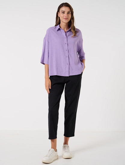 Lilac Loose Cut Three Quarter Sleeve Linen Shirt