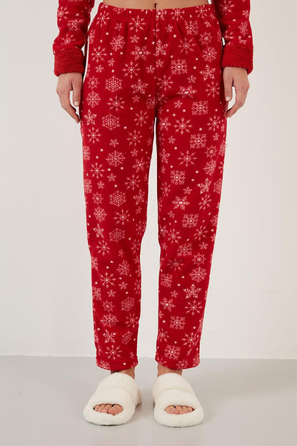 Snowflake Patterned Plush Pajama Set with Elastic Waistband and Hair Band 609412013