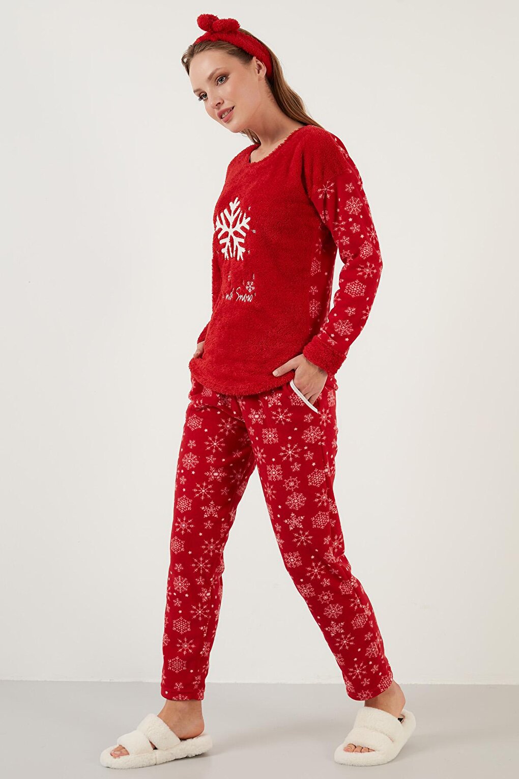 Snowflake Patterned Plush Pajama Set with Elastic Waistband and Hair Band 609412013