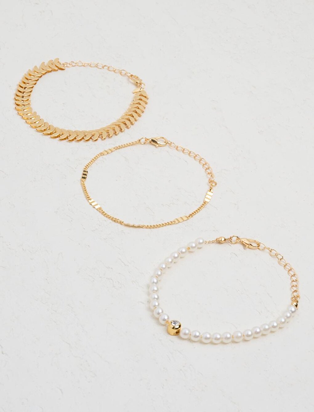 Gold Pearl Detailed Triple Chain Bracelet Set