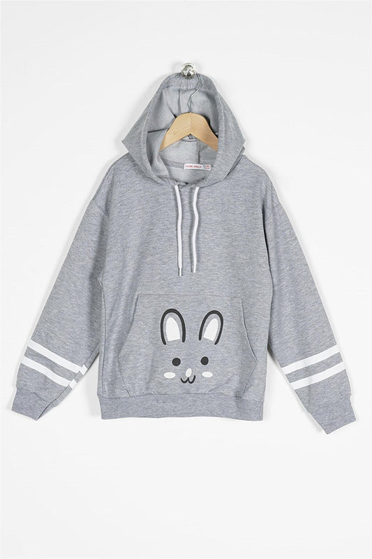 Girl's Gray Colored Rabbit Printed Hooded Sweatshirt