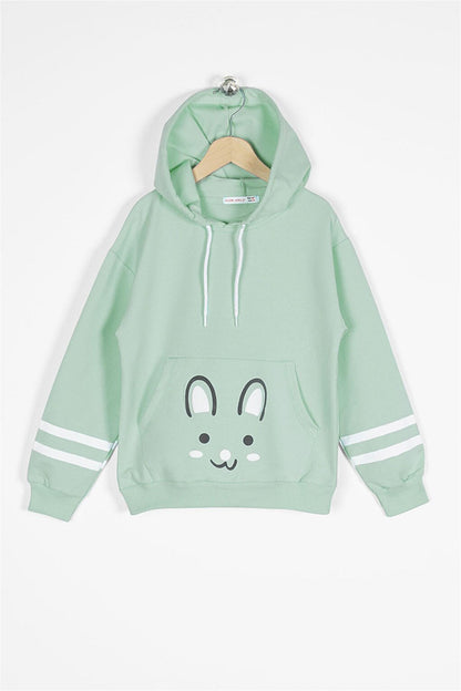 Girl's Çağla Green Colored Rabbit Printed Hooded Sweatshirt