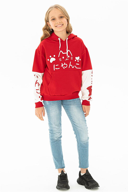 Girl's Red Colored Cat Printed Kangaroo Pocket Sweatshirt