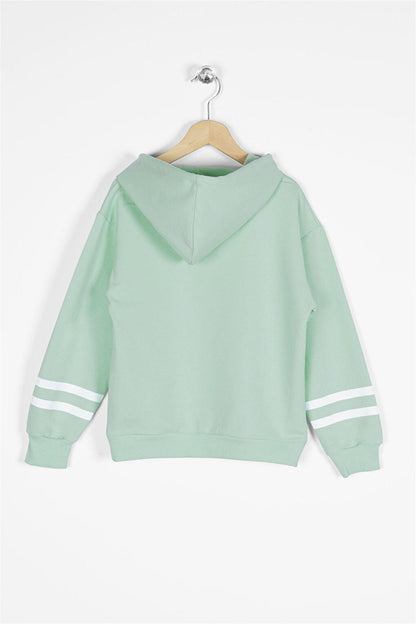 Girl's Çağla Green Colored Rabbit Printed Hooded Sweatshirt