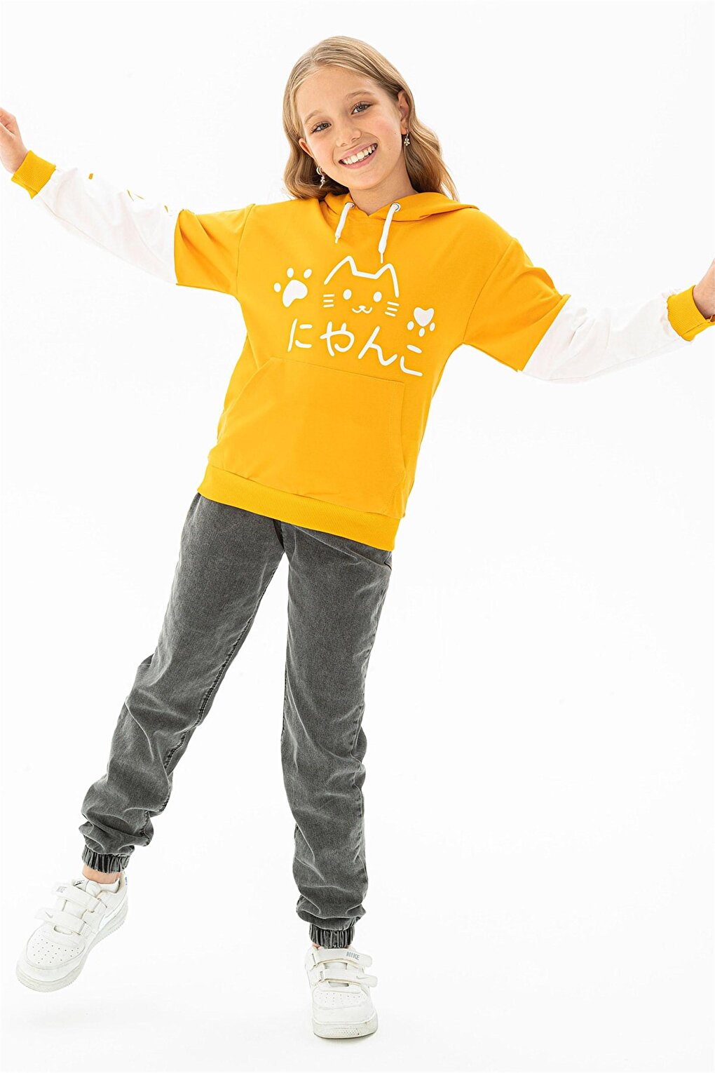 Girl's Mustard Colored Cat Printed Kangaroo Pocket Sweatshirt