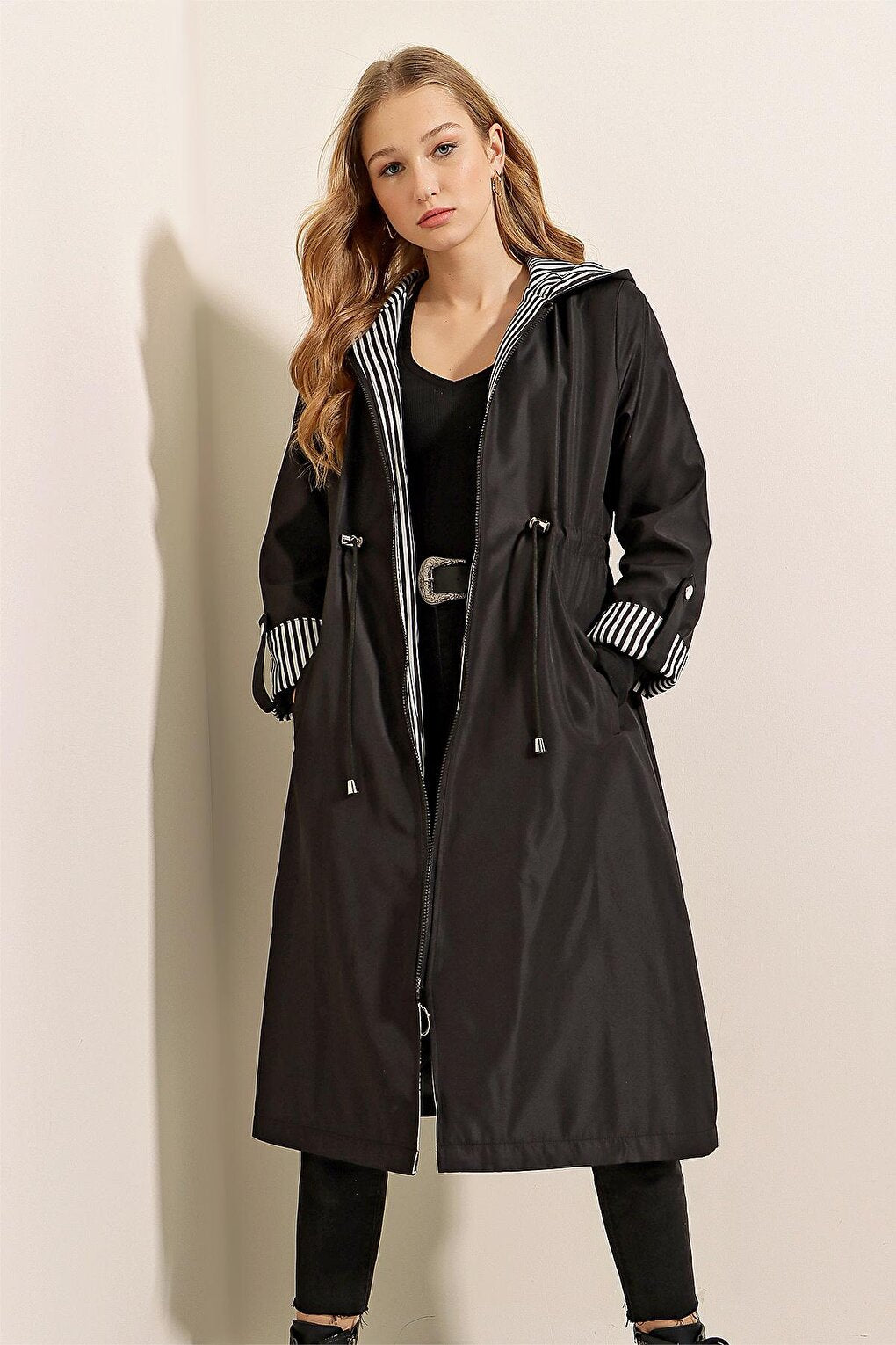 Women's Leopard Sleeve Folded Trench Coat