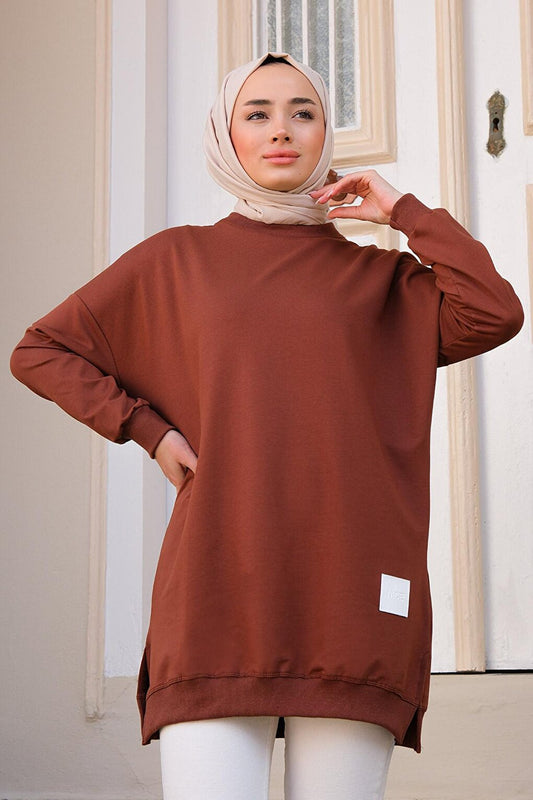 Crest Detailed Crew Neck Tunic Brown