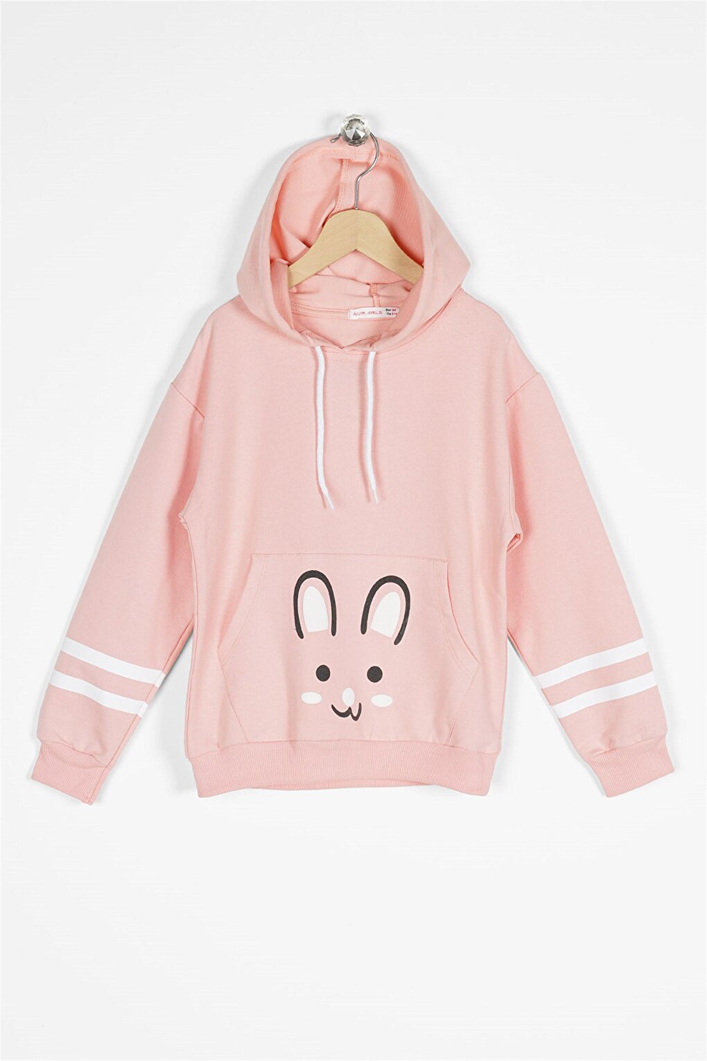 Girl's Salmon Colored Rabbit Printed Hooded Sweatshirt