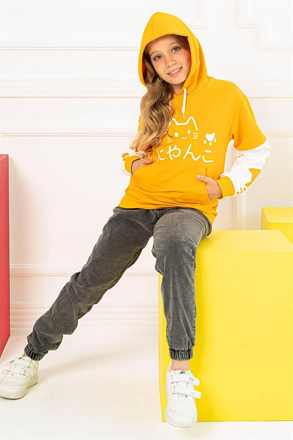 Girl's Mustard Colored Cat Printed Kangaroo Pocket Sweatshirt