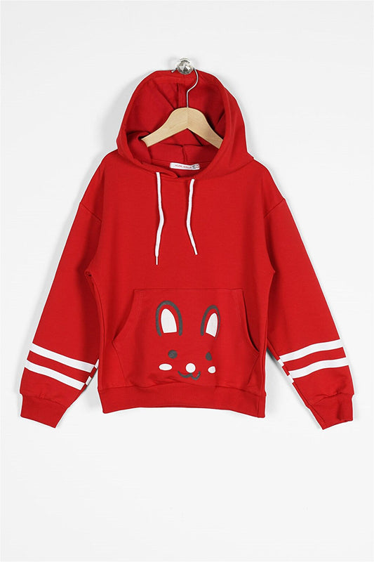 Girl's Red Colored Rabbit Printed Hooded Sweatshirt