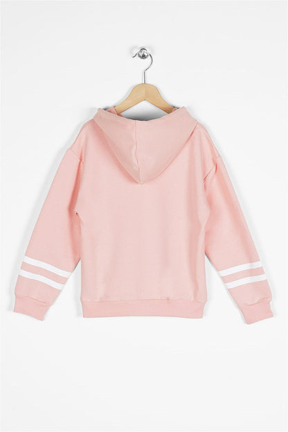 Girl's Salmon Colored Rabbit Printed Hooded Sweatshirt