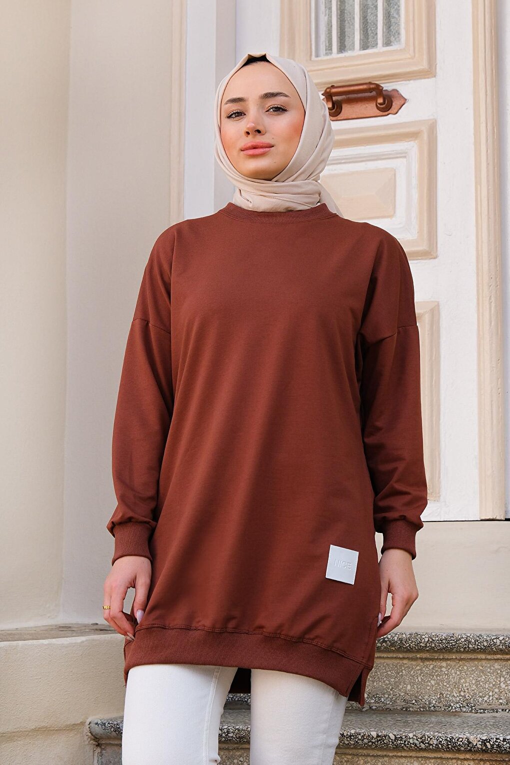 Crest Detailed Crew Neck Tunic Brown