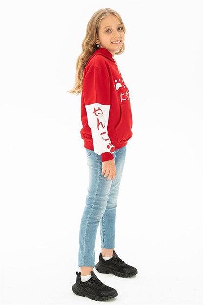 Girl's Red Colored Cat Printed Kangaroo Pocket Sweatshirt