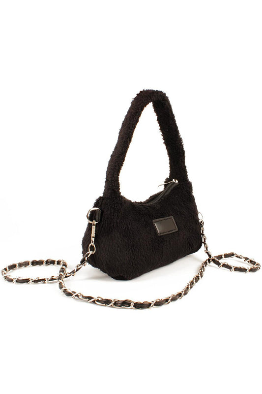 Women's Plush Hairy Leather Chain Knitted Shoulder Strap Puufi Casual Mini Baguette Hand and Shoulder Bag (20784)