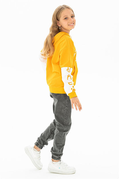 Girl's Mustard Colored Cat Printed Kangaroo Pocket Sweatshirt