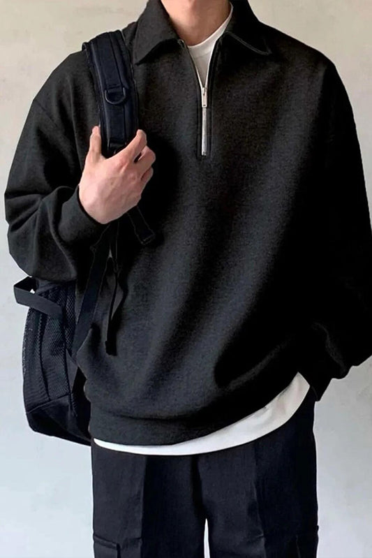 Oversize Polo Neck Half Zipper Sweatshirt Black