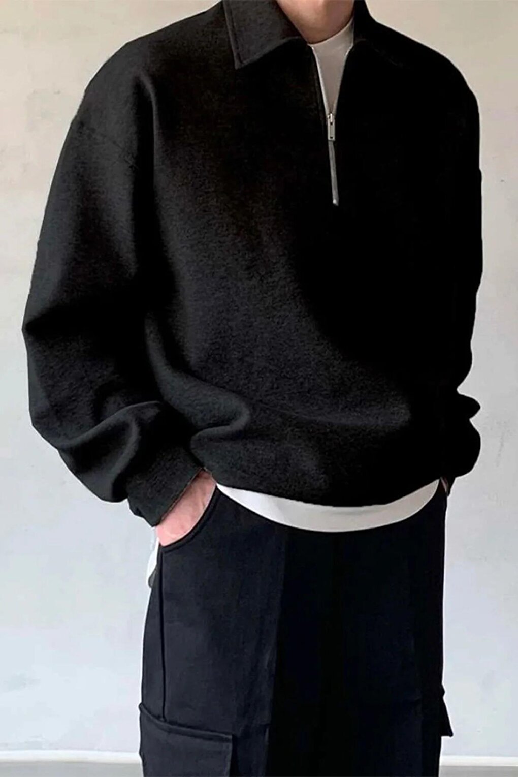 Oversize Polo Neck Half Zipper Sweatshirt Black