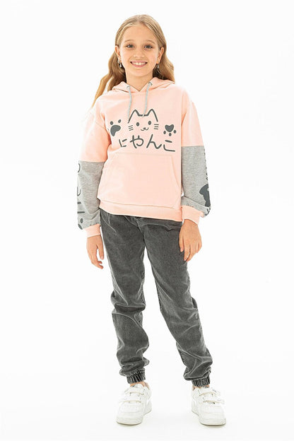 Girl's Salmon Colored Cat Printed Kangaroo Pocket Sweatshirt