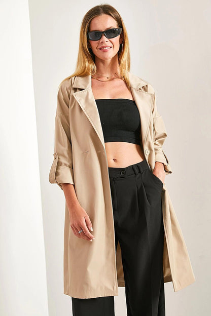 Women's Sleeve Folded Belted Trench Coat