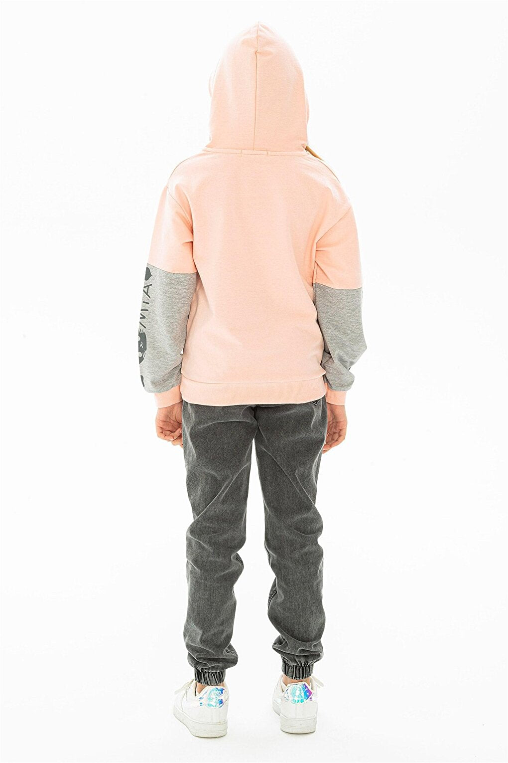 Girl's Salmon Colored Cat Printed Kangaroo Pocket Sweatshirt