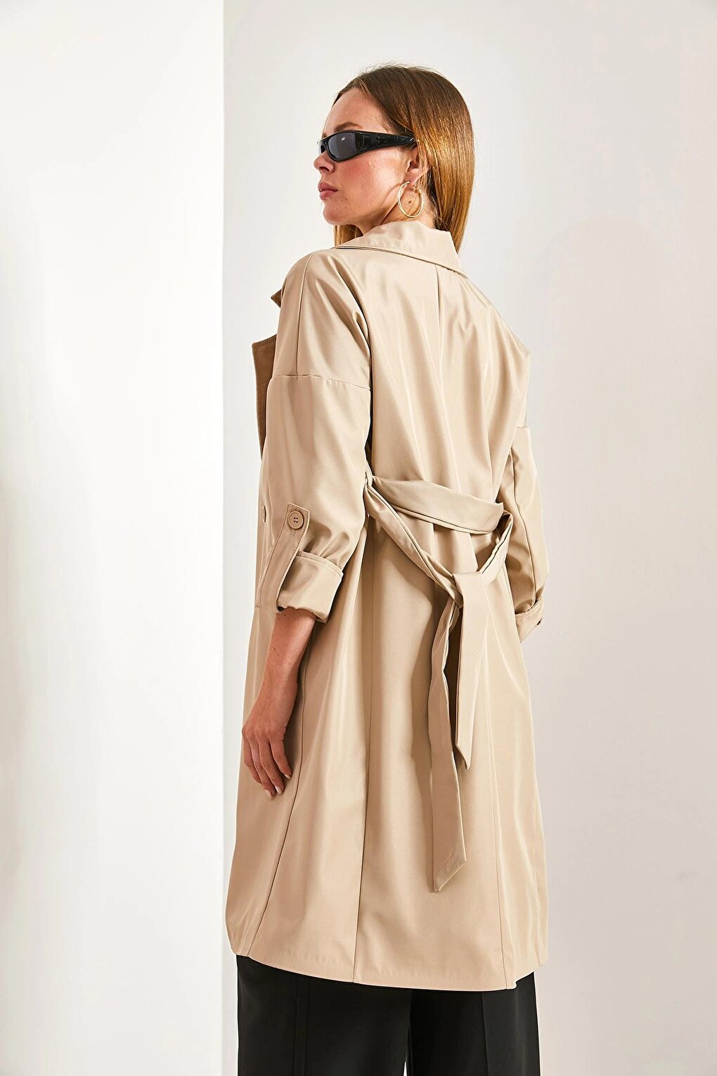 Women's Sleeve Folded Belted Trench Coat