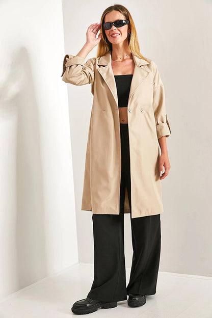 Women's Sleeve Folded Belted Trench Coat