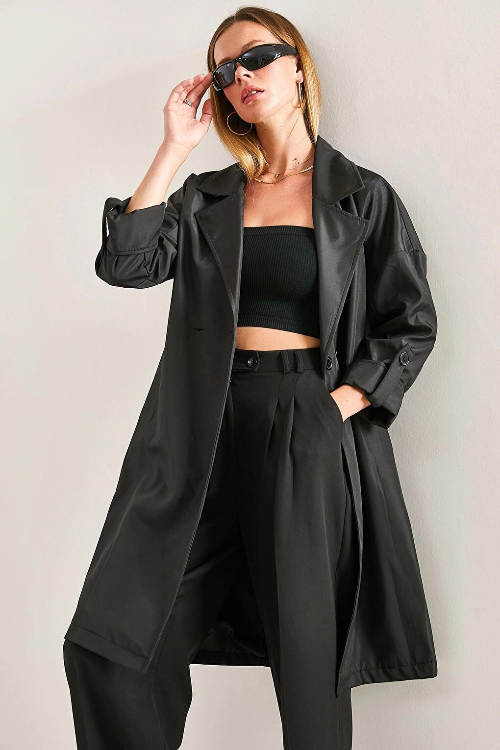 Women's Sleeve Folded Belted Trench Coat