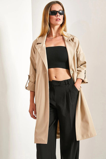 Women's Sleeve Folded Belted Trench Coat