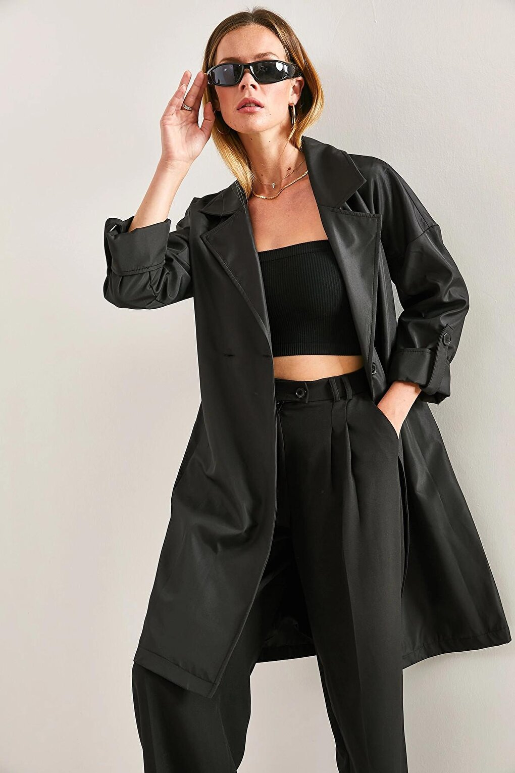 Women's Sleeve Folded Belted Trench Coat