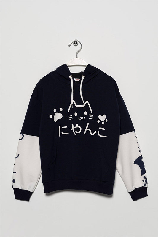 Girl's Navy Blue Colored Cat Printed Kangaroo Pocket Sweatshirt