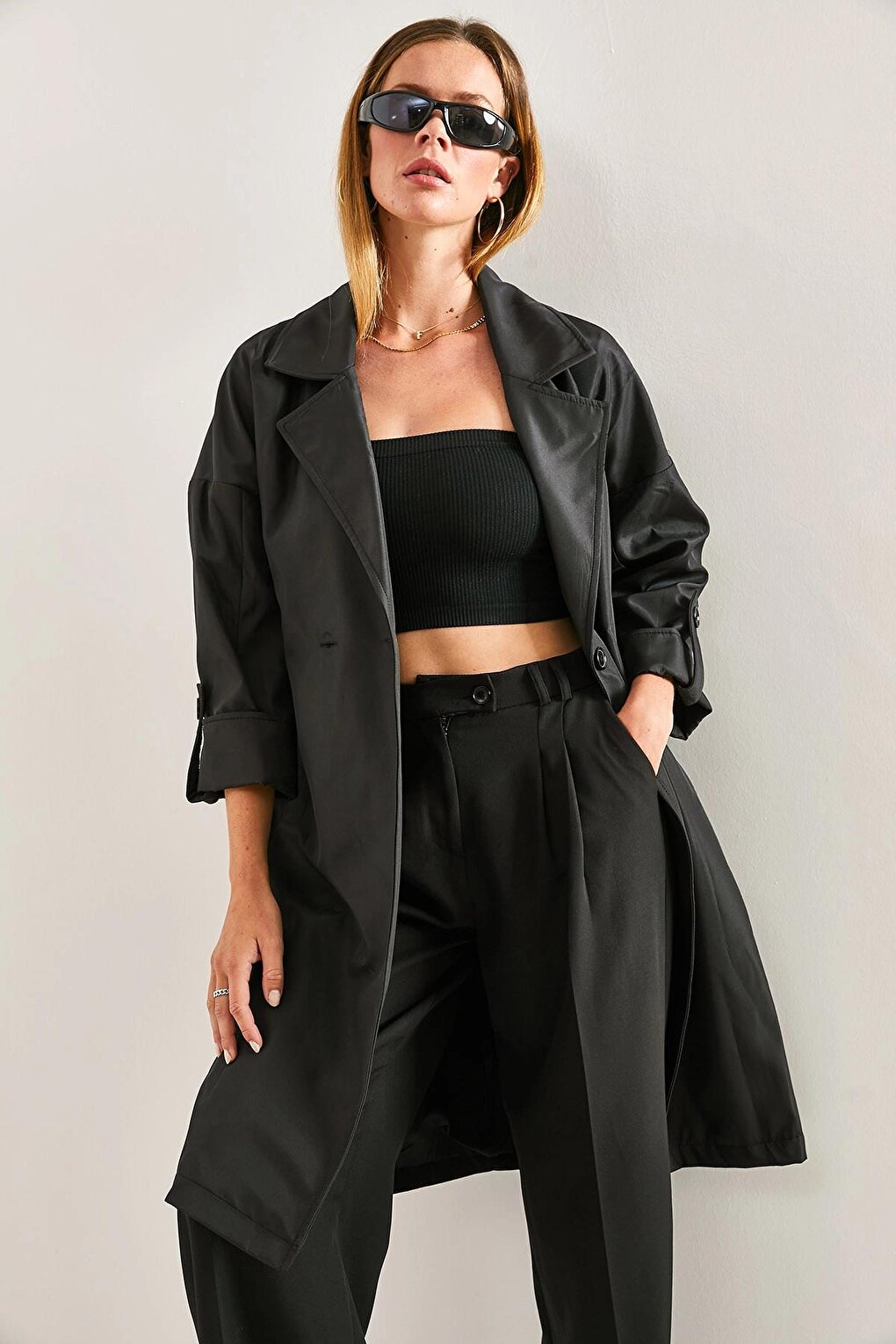 Women's Sleeve Folded Belted Trench Coat