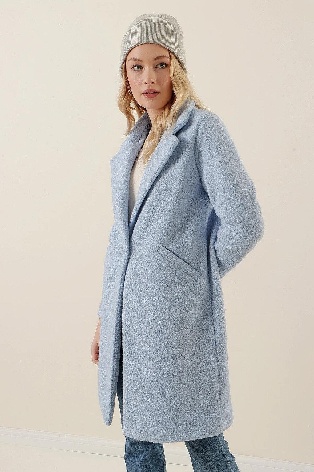 Women's Baby Blue Single Button Double Pocket Lined Boucle Cashew Coat HZL22W-BD190821