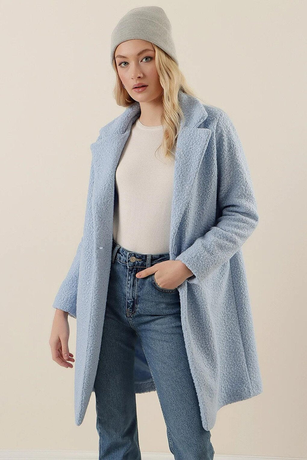 Women's Baby Blue Single Button Double Pocket Lined Boucle Cashew Coat HZL22W-BD190821