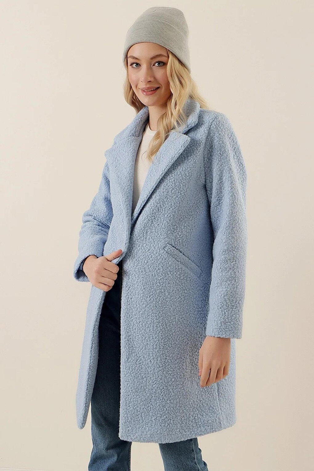 Women's Baby Blue Single Button Double Pocket Lined Boucle Cashew Coat HZL22W-BD190821