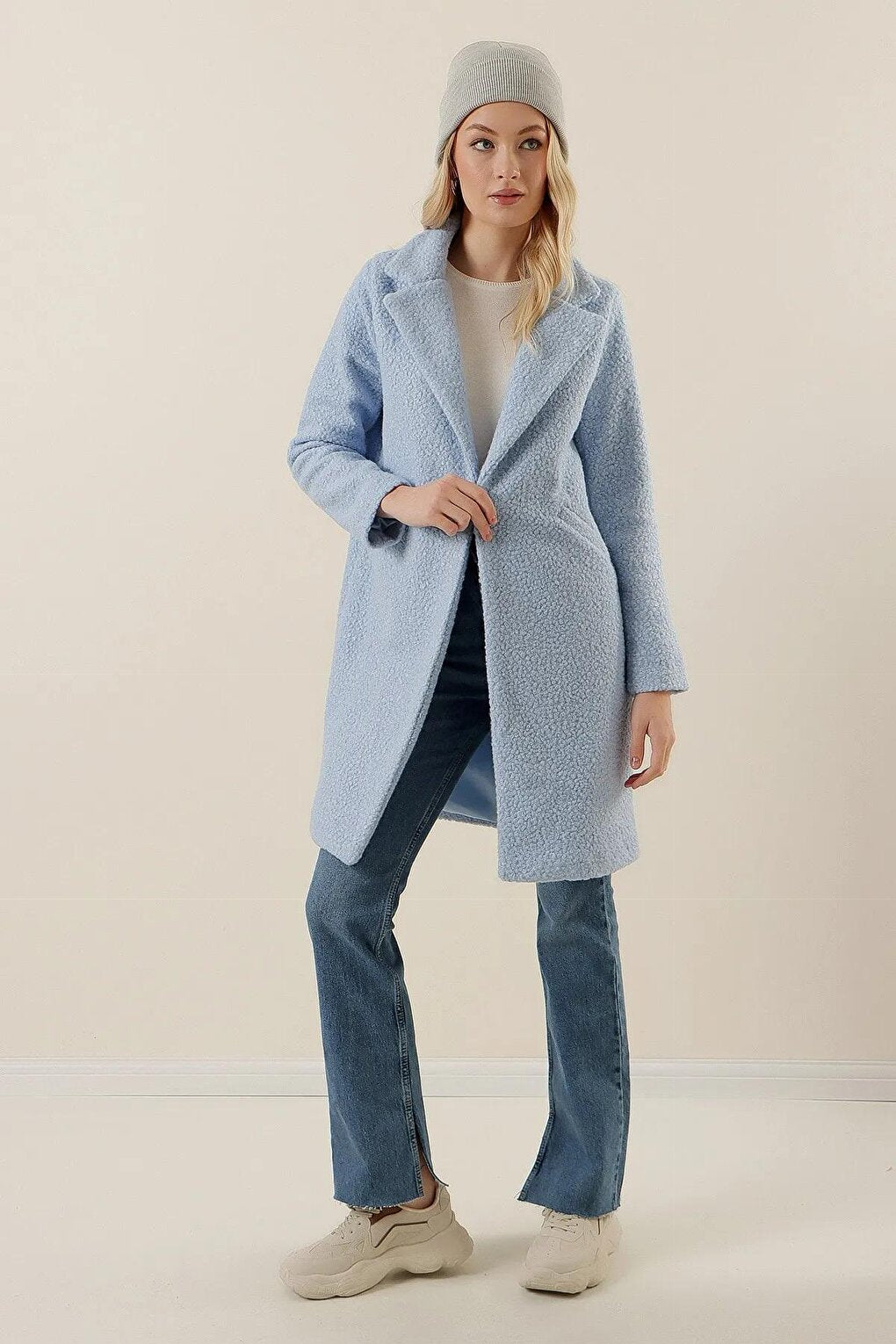 Women's Baby Blue Single Button Double Pocket Lined Boucle Cashew Coat HZL22W-BD190821