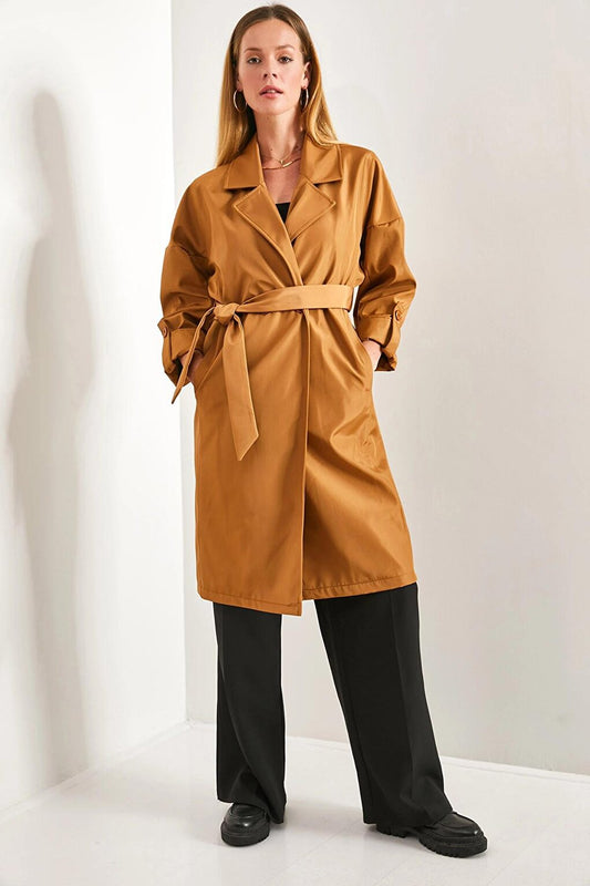 Women's Sleeve Folded Belted Trench Coat