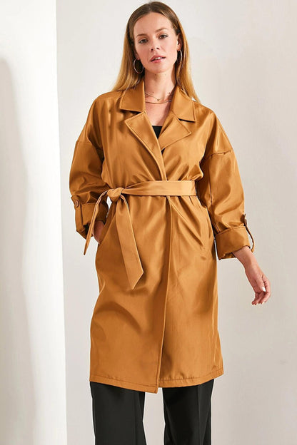 Women's Sleeve Folded Belted Trench Coat