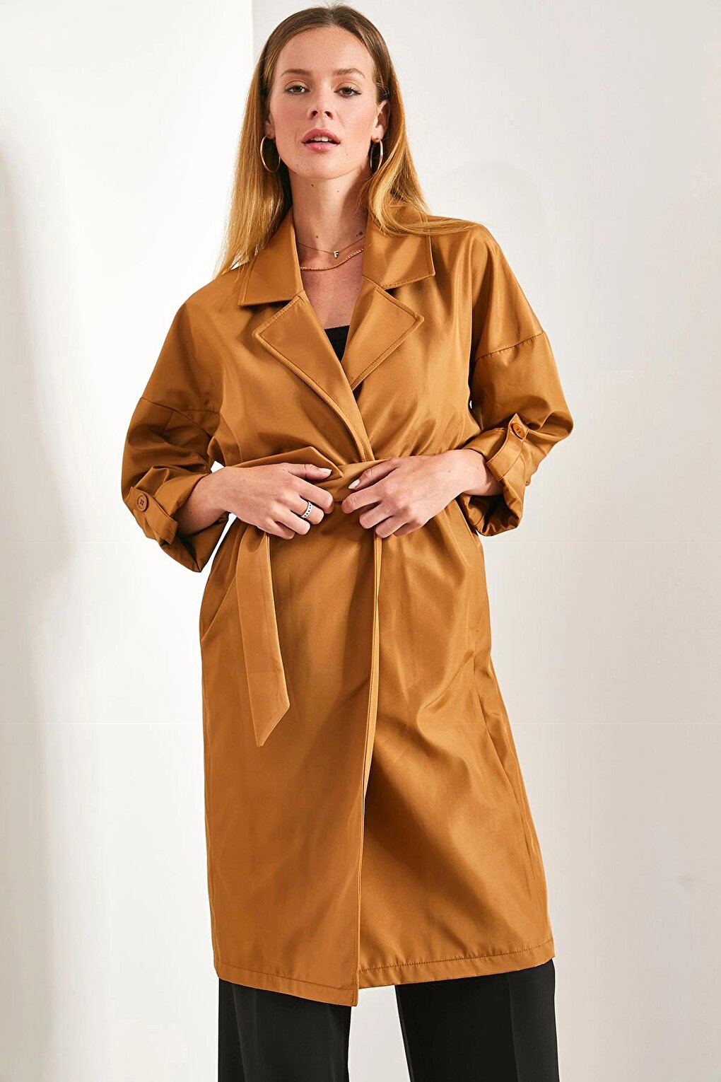 Women's Sleeve Folded Belted Trench Coat