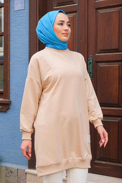 Crest Detailed Crew Neck Tunic Cream