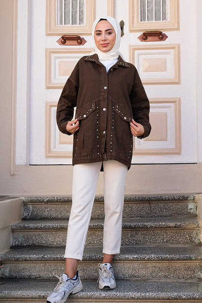 Denim Jacket with Stone Collar and Pocket, Bitter Brown