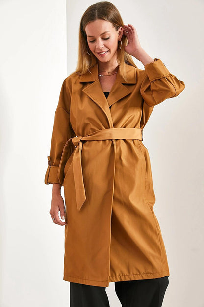 Women's Sleeve Folded Belted Trench Coat