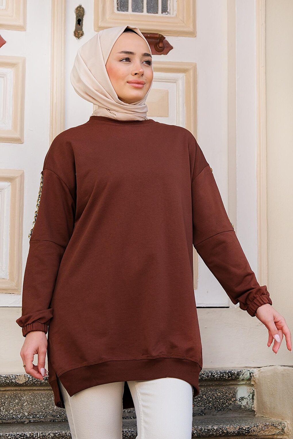 Tunic with Chain Detail on Shoulders Brown