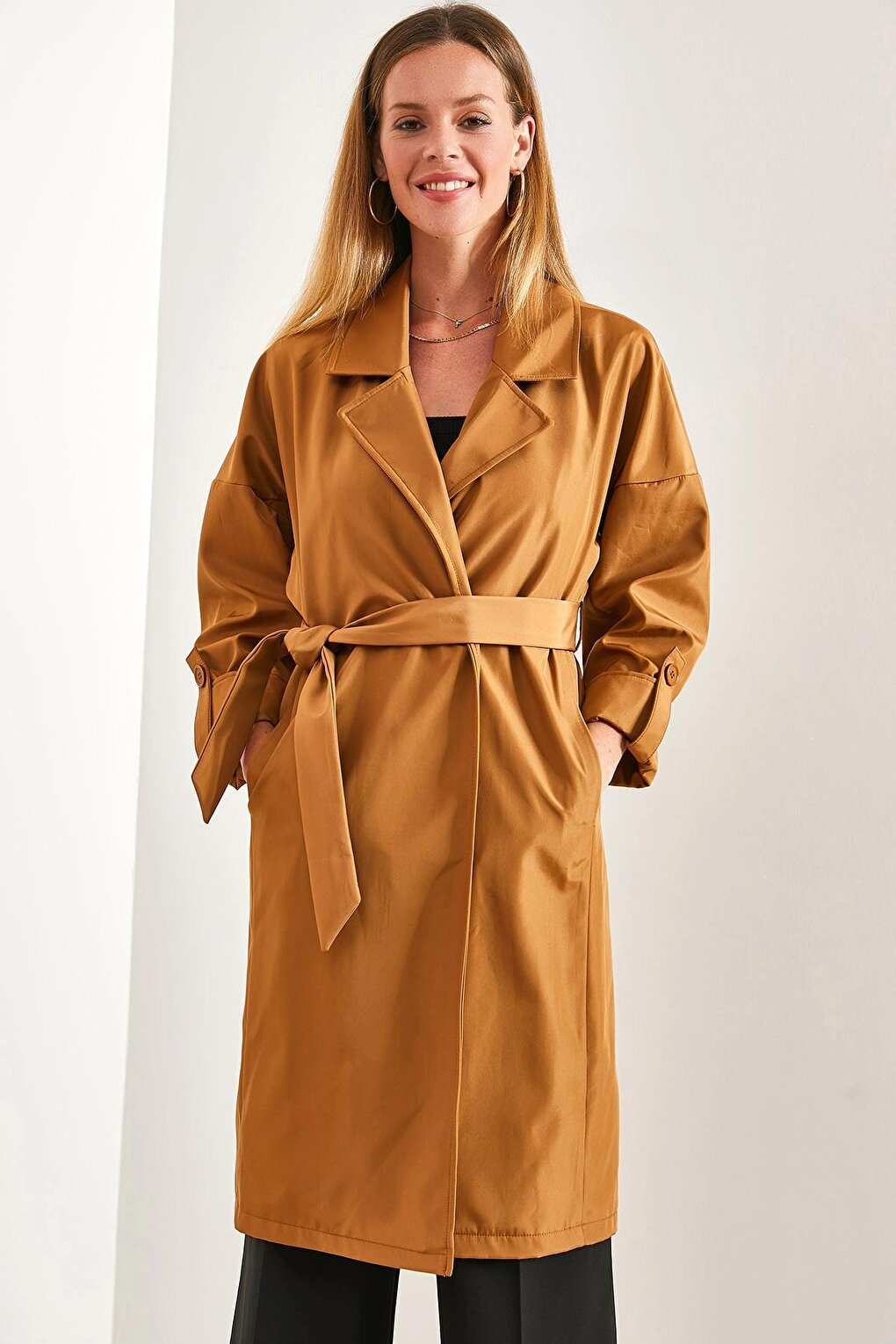 Women's Sleeve Folded Belted Trench Coat