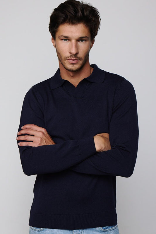 Slim Fit Narrow Cut Polo V-Neck Navy Blue Men's Knitwear Sweater