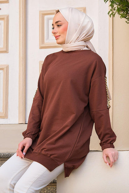 Tunic with Chain Detail on Shoulders Brown