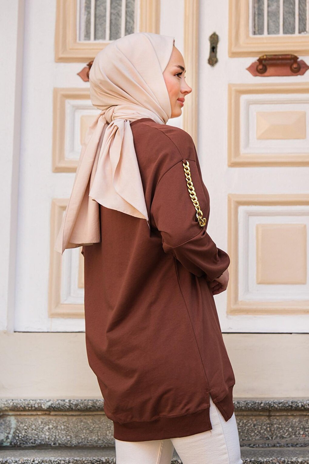 Tunic with Chain Detail on Shoulders Brown