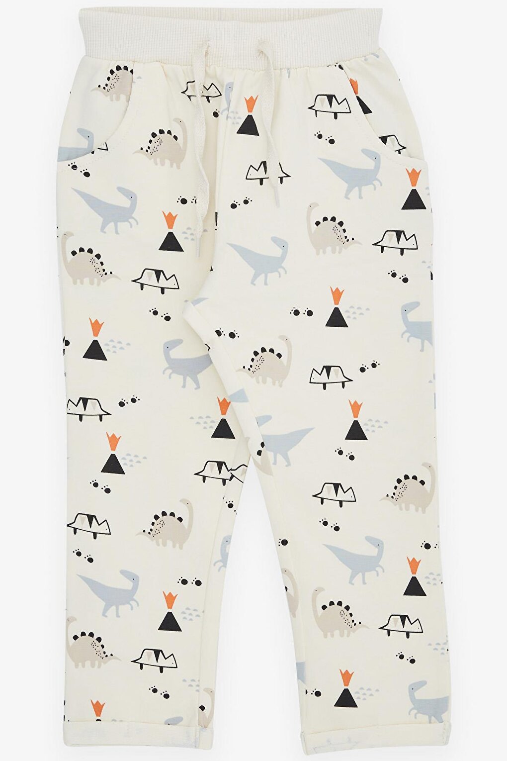 Boys' Sweatpants Dinosaur Printed Pocket Laces Accessory Cream (1-4 Years)